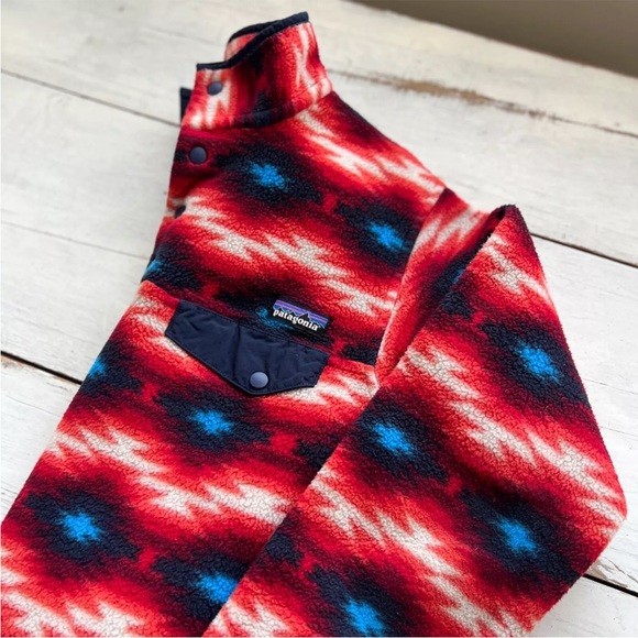 Patagonia Women's Aztec Synchilla Snap T Fleece Pullover Red Blue Wild Desert XS - Picture 7 of 12